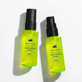Two bottles of Ruffians Professional Hair Thickening Spray in a bright neon yellow-green translucent plastic, with black spray pumps, set against a clean white background with soft shadows.
